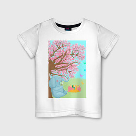 Детская футболка хлопок с принтом слоненок на пикнике в Петрозаводске, 100% хлопок | круглый вырез горловины, полуприлегающий силуэт, длина до линии бедер | бабочки | весна | дерево | животное | зеленый | корзина | кофе | лето | листья.детская иллюстрация | небо | отдых | рисунок | розовый | сакура | слон | слоненок | фрукты | чай