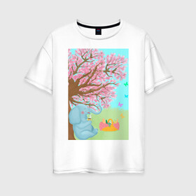 Женская футболка хлопок Oversize с принтом слоненок на пикнике в Петрозаводске, 100% хлопок | свободный крой, круглый ворот, спущенный рукав, длина до линии бедер
 | бабочки | весна | дерево | животное | зеленый | корзина | кофе | лето | листья.детская иллюстрация | небо | отдых | рисунок | розовый | сакура | слон | слоненок | фрукты | чай