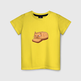 Детская футболка хлопок с принтом Кот хлеб - Bread Cat в Петрозаводске, 100% хлопок | круглый вырез горловины, полуприлегающий силуэт, длина до линии бедер | Тематика изображения на принте: kitten | kitty | meme | memes | puss | pussy | pussycat | батон | булка | булочка | киса | киска | кисуля | кот из мема | котёнок | котик | котята | кошка | мем | мемас | мемчик | не еш подумой | не ешь подумай | нееште меня | 