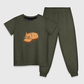 Детская пижама хлопок с принтом Кот хлеб - Bread Cat в Петрозаводске, 100% хлопок |  брюки и футболка прямого кроя, без карманов, на брюках мягкая резинка на поясе и по низу штанин
 | Тематика изображения на принте: kitten | kitty | meme | memes | puss | pussy | pussycat | батон | булка | булочка | киса | киска | кисуля | кот из мема | котёнок | котик | котята | кошка | мем | мемас | мемчик | не еш подумой | не ешь подумай | нееште меня | 