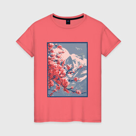Женская футболка хлопок с принтом Цветение Сакуры на фоне Фудзи в Петрозаводске, 100% хлопок | прямой крой, круглый вырез горловины, длина до линии бедер, слегка спущенное плечо | cherry blossom | fuji | japan | japanese | landscape | painting | plum | sakura | вишня в цвету | гора фудзи | горный пейзаж | живопись | искусство | картина | краска | краски | настоящая картина | пейзаж | рисунок | сакура | слива