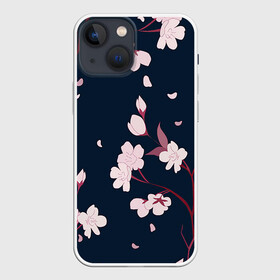 Чехол для iPhone 13 mini с принтом Веточки сакуры в Петрозаводске,  |  | арт | ветка | ветки | веточка | веточки | ночь | рисунок | розовые бутоны | розовые цветы | сакура | тёмный фон | цветение | цветение вишни | цветок | цветы | цветы вишни | чёрное | яркие цветы