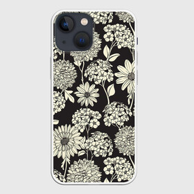 Чехол для iPhone 13 mini с принтом Белые цветы в Петрозаводске,  |  | арт | белые цветы | белый цветок | ночь | полевые цветы | рисунок | ромашка | ромашки | тёмный фон | хризантема | хризантемы | цветок | цветы | чёрное | яркие цветы | яркий цветок