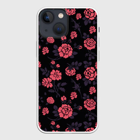 Чехол для iPhone 13 mini с принтом Ночные розы в Петрозаводске,  |  | арт | красная роза | красные розы | ночь | рисунок | роза | розовая роза | розовые розы | розы | тёмный фон | цветок | цветы | чёрное | яркие цветы | яркий цветок