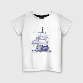 Детская футболка хлопок с принтом Корабль в Петрозаводске, 100% хлопок | круглый вырез горловины, полуприлегающий силуэт, длина до линии бедер | ships | whale | кит | киты | корабли | кораблики | корабль | море | морские | морское | паруса | чайки