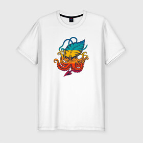 Мужская футболка хлопок Slim с принтом Ктулху цветной в Петрозаводске, 92% хлопок, 8% лайкра | приталенный силуэт, круглый вырез ворота, длина до линии бедра, короткий рукав | king | kraken | octopus | корона | кракен | ктулху | море | морские | морское | осьминог | щупальца