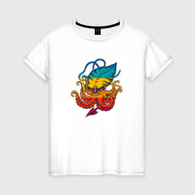 Женская футболка хлопок с принтом Ктулху цветной в Петрозаводске, 100% хлопок | прямой крой, круглый вырез горловины, длина до линии бедер, слегка спущенное плечо | Тематика изображения на принте: king | kraken | octopus | корона | кракен | ктулху | море | морские | морское | осьминог | щупальца