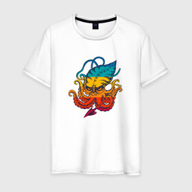 Мужская футболка хлопок с принтом Ктулху цветной в Петрозаводске, 100% хлопок | прямой крой, круглый вырез горловины, длина до линии бедер, слегка спущенное плечо. | Тематика изображения на принте: king | kraken | octopus | корона | кракен | ктулху | море | морские | морское | осьминог | щупальца