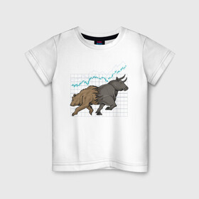 Детская футболка хлопок с принтом Бык или Медведь в Петрозаводске, 100% хлопок | круглый вырез горловины, полуприлегающий силуэт, длина до линии бедер | Тематика изображения на принте: bulls | акции | банк | бык | инвестиции | медведь | тинькофф