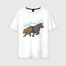 Женская футболка хлопок Oversize с принтом Бык или Медведь в Петрозаводске, 100% хлопок | свободный крой, круглый ворот, спущенный рукав, длина до линии бедер
 | bulls | акции | банк | бык | инвестиции | медведь | тинькофф