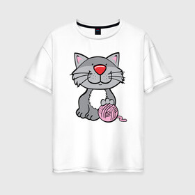Женская футболка хлопок Oversize с принтом Smiling Cat в Петрозаводске, 100% хлопок | свободный крой, круглый ворот, спущенный рукав, длина до линии бедер
 | animal | cat | cute | kitty | meow | друг | животные | киска | китти | кот | котенок | котик | котэ | кошечка | кошка | милый | мур | мяу | питомец
