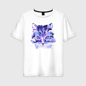 Женская футболка хлопок Oversize с принтом Blue Cat в Петрозаводске, 100% хлопок | свободный крой, круглый ворот, спущенный рукав, длина до линии бедер
 | animal | cat | cute | kitty | meow | друг | животные | киска | китти | кот | котенок | котик | котэ | кошечка | кошка | милый | мур | мяу | питомец