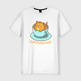 Мужская футболка хлопок Slim с принтом Catpuccino в Петрозаводске, 92% хлопок, 8% лайкра | приталенный силуэт, круглый вырез ворота, длина до линии бедра, короткий рукав | animal | cat | cute | kitty | meow | друг | животные | киска | китти | кот | котенок | котик | котэ | кошечка | кошка | милый | мур | мяу | питомец