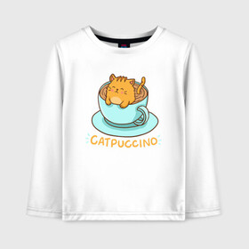 Детский лонгслив хлопок с принтом Catpuccino в Петрозаводске, 100% хлопок | круглый вырез горловины, полуприлегающий силуэт, длина до линии бедер | Тематика изображения на принте: animal | cat | cute | kitty | meow | друг | животные | киска | китти | кот | котенок | котик | котэ | кошечка | кошка | милый | мур | мяу | питомец