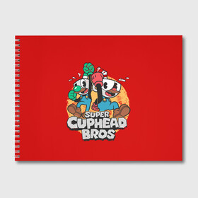 Альбом для рисования с принтом Super Cuphead Bros в Петрозаводске, 100% бумага
 | матовая бумага, плотность 200 мг. | Тематика изображения на принте: arkade | cup head | cuphead | game | games | mario | аркада | игра | игры | кап хэд | капхед | купа хэд | марио | сгз руфв | сгзруфв | чашкоголовый