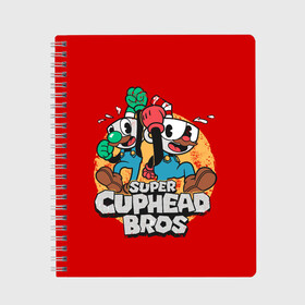 Тетрадь с принтом Super Cuphead Bros в Петрозаводске, 100% бумага | 48 листов, плотность листов — 60 г/м2, плотность картонной обложки — 250 г/м2. Листы скреплены сбоку удобной пружинной спиралью. Уголки страниц и обложки скругленные. Цвет линий — светло-серый
 | Тематика изображения на принте: arkade | cup head | cuphead | game | games | mario | аркада | игра | игры | кап хэд | капхед | купа хэд | марио | сгз руфв | сгзруфв | чашкоголовый