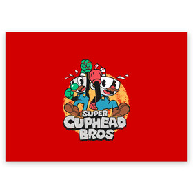 Поздравительная открытка с принтом Super Cuphead Bros в Петрозаводске, 100% бумага | плотность бумаги 280 г/м2, матовая, на обратной стороне линовка и место для марки
 | arkade | cup head | cuphead | game | games | mario | аркада | игра | игры | кап хэд | капхед | купа хэд | марио | сгз руфв | сгзруфв | чашкоголовый