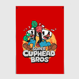 Постер с принтом Super Cuphead Bros в Петрозаводске, 100% бумага
 | бумага, плотность 150 мг. Матовая, но за счет высокого коэффициента гладкости имеет небольшой блеск и дает на свету блики, но в отличии от глянцевой бумаги не покрыта лаком | arkade | cup head | cuphead | game | games | mario | аркада | игра | игры | кап хэд | капхед | купа хэд | марио | сгз руфв | сгзруфв | чашкоголовый