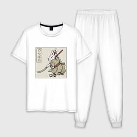 Мужская пижама хлопок с принтом Кролик Самурай Rabbit Samurai в Петрозаводске, 100% хлопок | брюки и футболка прямого кроя, без карманов, на брюках мягкая резинка на поясе и по низу штанин
 | art | cyberpunk samurai | ninja | oni | rdsmry | ronin | samurai | shogun | ukiyo e | арт | живопись | животные | заяц | киберпанк самурай | мерч | прикол | путь воина | путь самурая | ронин | сёгун | токио | укиё э | фреска | харакири