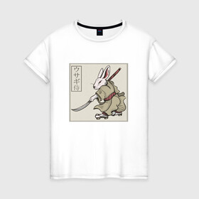 Женская футболка хлопок с принтом Кролик Самурай Rabbit Samurai в Петрозаводске, 100% хлопок | прямой крой, круглый вырез горловины, длина до линии бедер, слегка спущенное плечо | art | cyberpunk samurai | ninja | oni | rdsmry | ronin | samurai | shogun | ukiyo e | арт | живопись | животные | заяц | киберпанк самурай | мерч | прикол | путь воина | путь самурая | ронин | сёгун | токио | укиё э | фреска | харакири