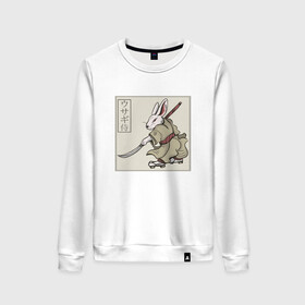 Женский свитшот хлопок с принтом Кролик Самурай Rabbit Samurai в Петрозаводске, 100% хлопок | прямой крой, круглый вырез, на манжетах и по низу широкая трикотажная резинка  | art | cyberpunk samurai | ninja | oni | rdsmry | ronin | samurai | shogun | ukiyo e | арт | живопись | животные | заяц | киберпанк самурай | мерч | прикол | путь воина | путь самурая | ронин | сёгун | токио | укиё э | фреска | харакири