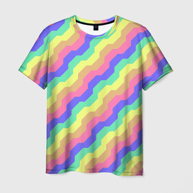 Мужская футболка 3D с принтом Радужные волны в Петрозаводске, 100% полиэфир | прямой крой, круглый вырез горловины, длина до линии бедер | волна | волны | зигзаг | красочный | круто | лето | линии | линия | полоса | полосы | радуга | узор