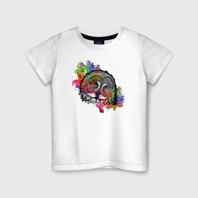 Детская футболка хлопок с принтом умная сова в Петрозаводске, 100% хлопок | круглый вырез горловины, полуприлегающий силуэт, длина до линии бедер | краски | птицы | разноцветный | смотрит | сова | черно белый