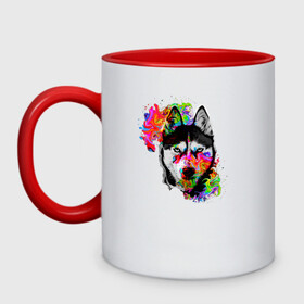Кружка двухцветная с принтом собака с торчащими ушами в Петрозаводске, керамика | объем — 330 мл, диаметр — 80 мм. Цветная ручка и кайма сверху, в некоторых цветах — вся внутренняя часть | белый | добрый | красивый | краски | собака | хаски | цвет | цветной | черный