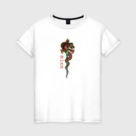 Женская футболка хлопок с принтом Змея и меч в Петрозаводске, 100% хлопок | прямой крой, круглый вырез горловины, длина до линии бедер, слегка спущенное плечо | cobra | животные | зверь | змея и меч | иероглифы | кобра | надпись на японском