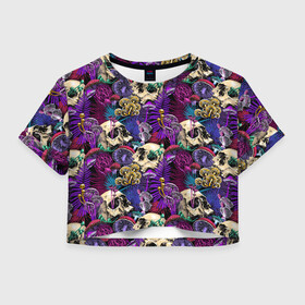 Женская футболка Crop-top 3D с принтом Психоделика - черепа и грибы в Петрозаводске, 100% полиэстер | круглая горловина, длина футболки до линии талии, рукава с отворотами | абстракция | грибы | паттерн | психоделика | текстуры | цветы | череп | черепа