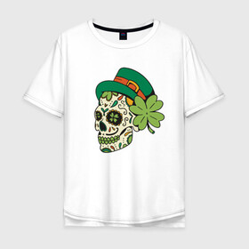 Мужская футболка хлопок Oversize с принтом Череп в стиле Святого Патрика в Петрозаводске, 100% хлопок | свободный крой, круглый ворот, “спинка” длиннее передней части | calavera | clover | ireland | irish | kiss me im irish | lucky | muertos | skulls | st patrick | sugar skull | день мёртвых | день святого патрика | ирландец | ирландия | калавера | клевер | сахарный череп | удача | череп в шляпе | черепа | чет