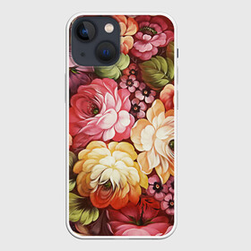 Чехол для iPhone 13 mini с принтом Цветы на красном фоне в Петрозаводске,  |  | декоративная роспись | живопись | жостово | жостовская роспись | розы | цветы