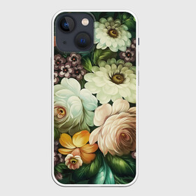 Чехол для iPhone 13 mini с принтом Цветы на зеленом фоне в Петрозаводске,  |  | декоративная роспись | живопись | жостово | жостовская роспись | розы | цветы