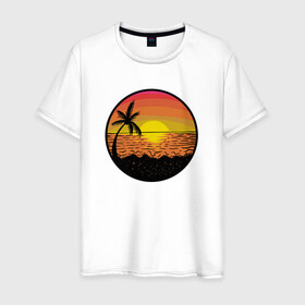 Мужская футболка хлопок с принтом Закат солнце на пляже в Петрозаводске, 100% хлопок | прямой крой, круглый вырез горловины, длина до линии бедер, слегка спущенное плечо. | Тематика изображения на принте: beach | club | palm | party | sea | summer | tropical | волны | жара | закат | летние | лето | море | пальмы | пляж | тропический