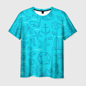 Мужская футболка 3D с принтом Морская тема в Петрозаводске, 100% полиэфир | прямой крой, круглый вырез горловины, длина до линии бедер | креветки | круг | морская живность | морское | пальмы | раки | ракушки | рыбы | спасательный | черепашки | штурвал