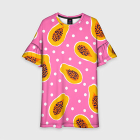 Детское платье 3D с принтом Папайя на розовом в Петрозаводске, 100% полиэстер | прямой силуэт, чуть расширенный к низу. Круглая горловина, на рукавах — воланы | Тематика изображения на принте: papaya | морская | папайя | паттерн | с папаем | фрукт