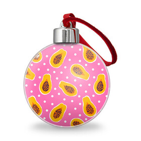 Ёлочный шар с принтом Папайя на розовом в Петрозаводске, Пластик | Диаметр: 77 мм | papaya | морская | папайя | паттерн | с папаем | фрукт