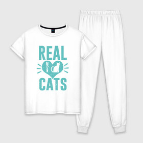 Женская пижама хлопок с принтом Real Cats в Петрозаводске, 100% хлопок | брюки и футболка прямого кроя, без карманов, на брюках мягкая резинка на поясе и по низу штанин | animal | cat | cute | kitty | meow | друг | животные | киска | китти | кот | котенок | котик | котэ | кошечка | кошка | милый | мур | мяу | питомец