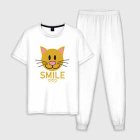 Мужская пижама хлопок с принтом Smile Cat в Петрозаводске, 100% хлопок | брюки и футболка прямого кроя, без карманов, на брюках мягкая резинка на поясе и по низу штанин
 | animal | cat | cute | kitty | meow | smile | друг | животные | киска | китти | кот | котенок | котик | котэ | кошечка | кошка | милый | мур | мяу | питомец