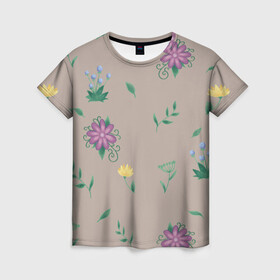 Женская футболка 3D с принтом Цветочная эстетика в Петрозаводске, 100% полиэфир ( синтетическое хлопкоподобное полотно) | прямой крой, круглый вырез горловины, длина до линии бедер | лето | лист | листья | одуванчик | природа | растение | растения | цветок | цветочек | цветы