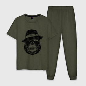 Мужская пижама хлопок с принтом Gorilla в Петрозаводске, 100% хлопок | брюки и футболка прямого кроя, без карманов, на брюках мягкая резинка на поясе и по низу штанин
 | Тематика изображения на принте: горилла | обезьяна | очки | шляпа
