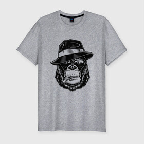 Мужская футболка хлопок Slim с принтом Gorilla в Петрозаводске, 92% хлопок, 8% лайкра | приталенный силуэт, круглый вырез ворота, длина до линии бедра, короткий рукав | горилла | обезьяна | очки | шляпа
