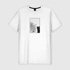 Мужская футболка хлопок Slim с принтом Котик и цветок в Петрозаводске, 92% хлопок, 8% лайкра | приталенный силуэт, круглый вырез ворота, длина до линии бедра, короткий рукав | cat | животные | звери | кошка | прикольный кот | природа | растение | цветок