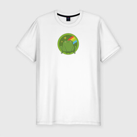 Мужская футболка хлопок Slim с принтом Лягушонок в Петрозаводске, 92% хлопок, 8% лайкра | приталенный силуэт, круглый вырез ворота, длина до линии бедра, короткий рукав | жаба | животные | лягушка | лягушонок | мультик | мультфильм | мультяшный | персонаж | радуга