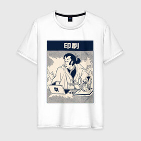 Мужская футболка хлопок с принтом Картина Самурай с 3D принтером в Петрозаводске, 100% хлопок | прямой крой, круглый вырез горловины, длина до линии бедер, слегка спущенное плечо. | 3д принтер | art | cat | cyberpunk samurai | neko | ninja | oni | ronin | samurai | shogun | арт | киберпанк самурай | мерч | мужик | мужчина | неко | прикол | путь воина | путь война | ронин | сёгун | сепукку | токио | харакири
