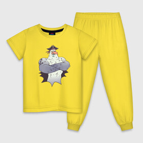 Детская пижама хлопок с принтом Чайка Пират - Seagull Pirate в Петрозаводске, 100% хлопок |  брюки и футболка прямого кроя, без карманов, на брюках мягкая резинка на поясе и по низу штанин
 | Тематика изображения на принте: fish | funny | humor | muscles | sailor | sea wolf | tattoo | бб | бодибилдинг | ест рыбу | качок | морской волк | моряк | мускулы | на абордаж | накаченная птица | пиратский рисунок | повязка | прикол | рыба | татуировка