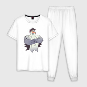 Мужская пижама хлопок с принтом Чайка Пират - Seagull Pirate в Петрозаводске, 100% хлопок | брюки и футболка прямого кроя, без карманов, на брюках мягкая резинка на поясе и по низу штанин
 | Тематика изображения на принте: fish | funny | humor | muscles | sailor | sea wolf | tattoo | бб | бодибилдинг | ест рыбу | качок | морской волк | моряк | мускулы | на абордаж | накаченная птица | пиратский рисунок | повязка | прикол | рыба | татуировка