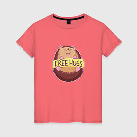 Женская футболка хлопок с принтом Бесплатные обнимашки Free Hugs в Петрозаводске, 100% хлопок | прямой крой, круглый вырез горловины, длина до линии бедер, слегка спущенное плечо | animal | animals | cute | hedgehog | kawaii | smile | ежи | ёжик | ёжик улыбается | ёжики | животные | колючки | люблю обниматься | люблю обнимашки | милота | милый ёжик | объятия | розовые лапки | смешной ёжик | табличка