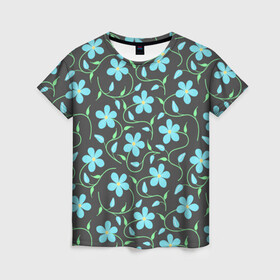 Женская футболка 3D с принтом Цветочный узор на темном фоне в Петрозаводске, 100% полиэфир ( синтетическое хлопкоподобное полотно) | прямой крой, круглый вырез горловины, длина до линии бедер | бутон | бутоны | голубые цветы | листья | синие цветы | узор | цветок | цветы | цветы на тёмном фоне
