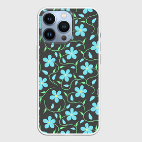 Чехол для iPhone 13 Pro с принтом Цветочный узор на темном фоне в Петрозаводске,  |  | бутон | бутоны | голубые цветы | листья | синие цветы | узор | цветок | цветы | цветы на тёмном фоне